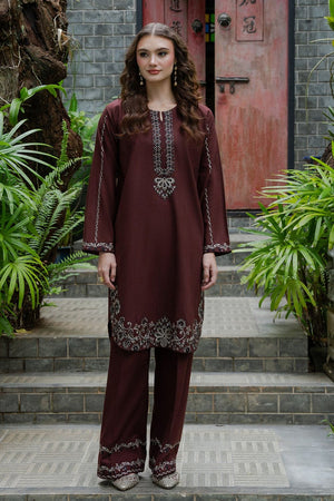 Espresso Brown Embroidered Khaddar Kurta Set Online in Dubai UAE Abudhabi Ajman Sharjah