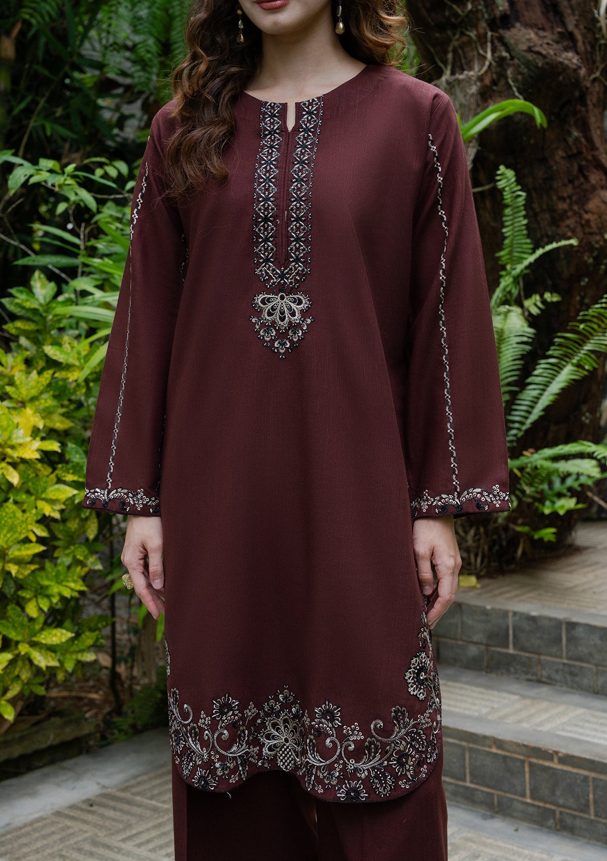 Espresso Brown Khaddar Kurta Set with Embroidery Online in Sri Lanka India Australia