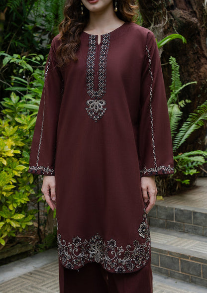 Espresso Brown Khaddar Kurta Set with Embroidery Online in Sri Lanka India Australia