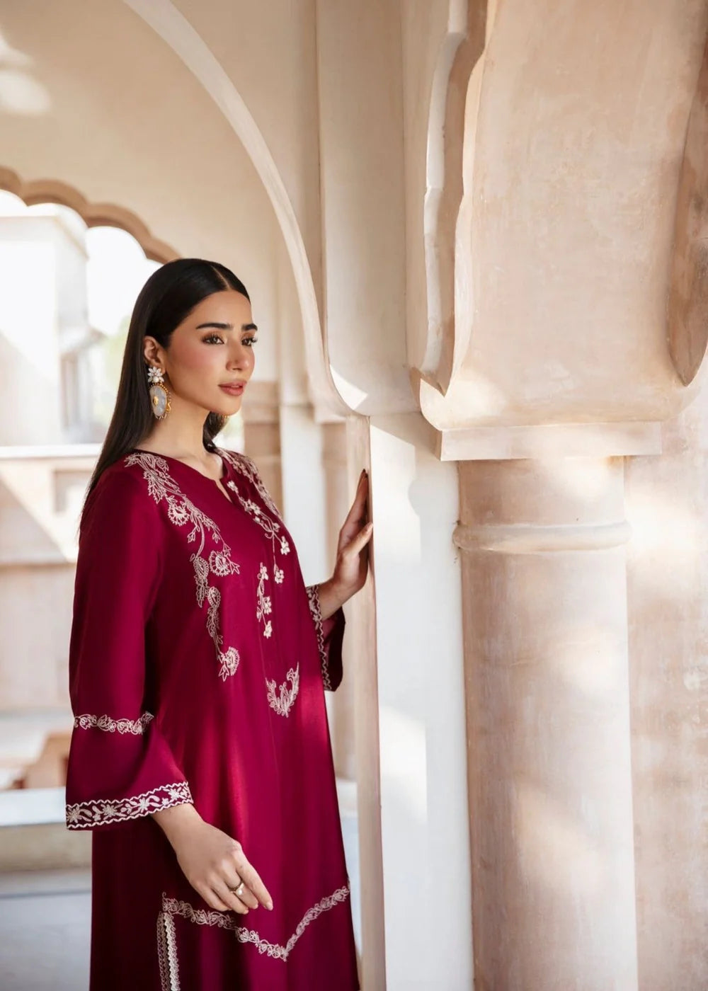 Burgundy Embroidered Cotton Long Kurta Set