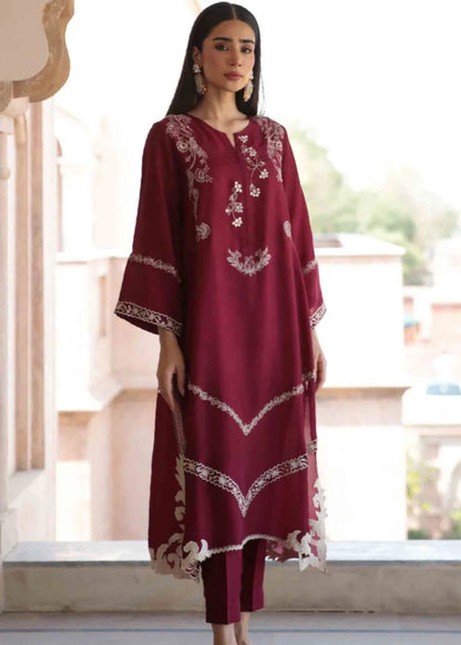 Burgundy Embroidered Cotton Long Kurta Set