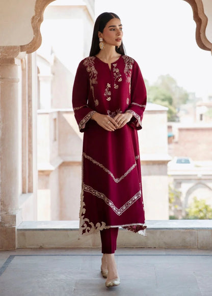 Burgundy Embroidered Cotton Long Kurta Set