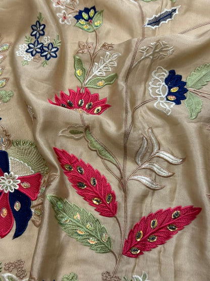 Skin Beige Embellished Silk Kaftan with Dupatta