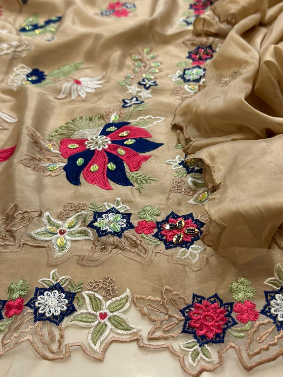 Skin Beige Embellished Silk Kaftan with Dupatta
