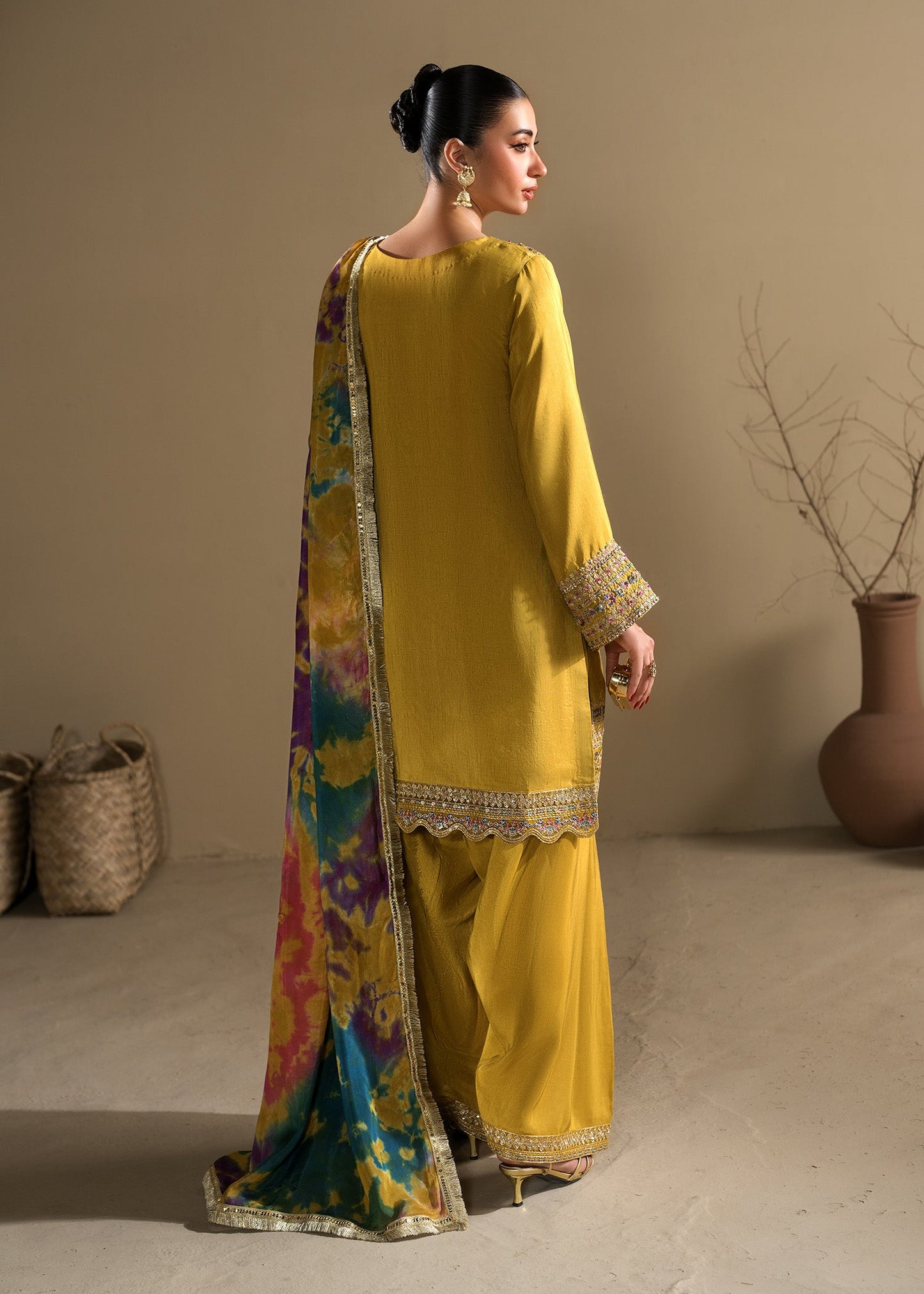 Farshi Shalwar Mustard Raw Silk Party Wear Online in UK USA Canada
