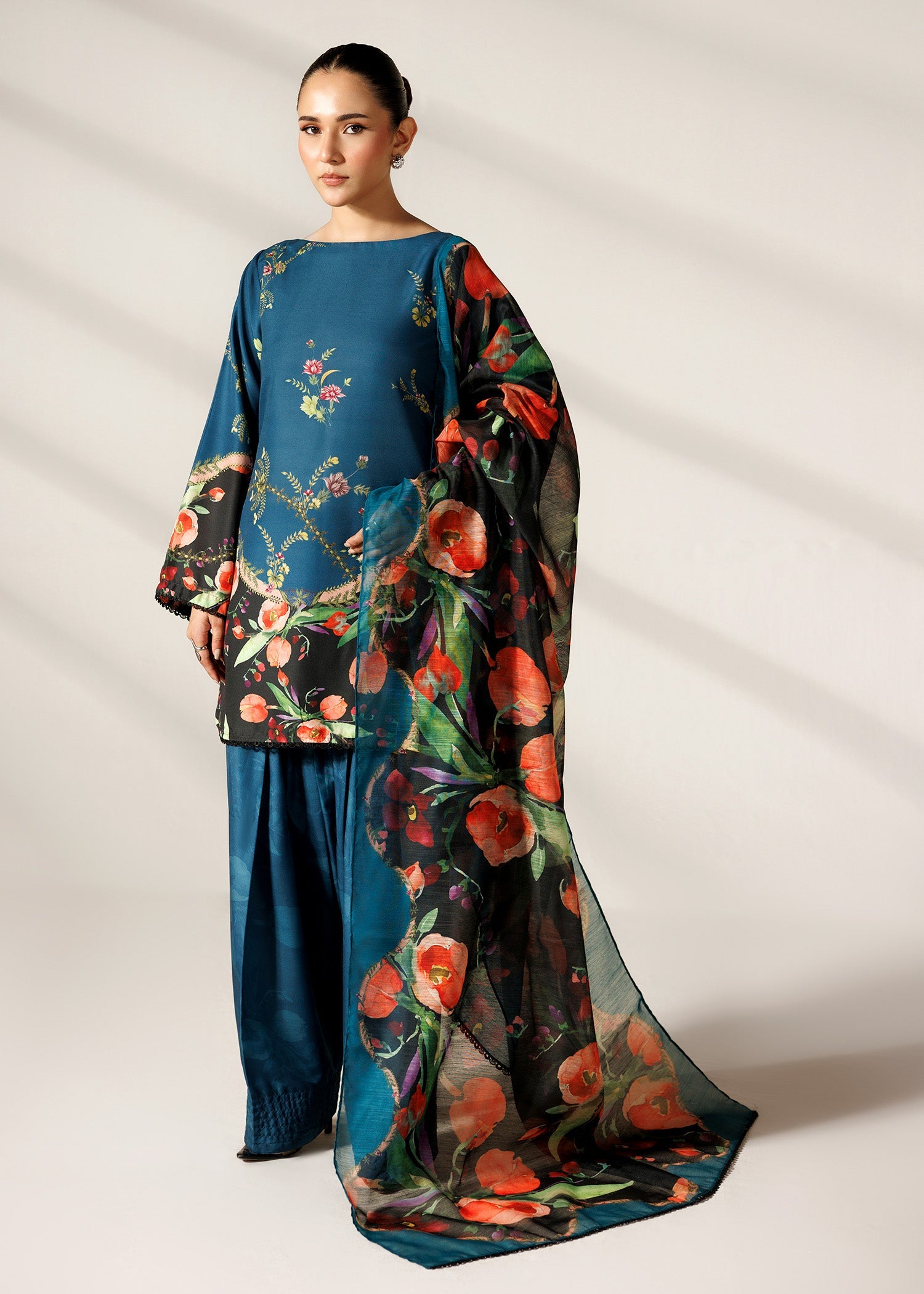 Farshi Shalwar Steel Teal Printed Lawn Suit Online in Sri Lanka India Australia