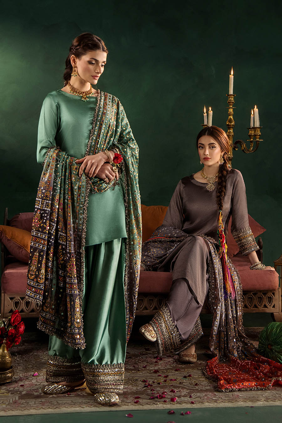Hand Embroidered Elegant Brown Glass Silk Designer Farshi Shalwar Suit