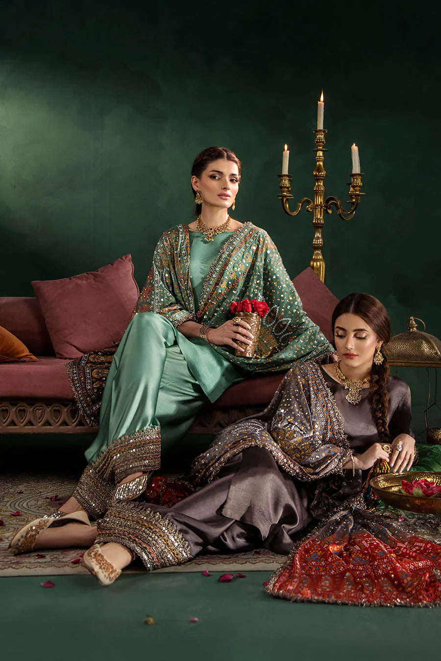 Hand Embroidered Elegant Brown Glass Silk Designer Farshi Shalwar Suit