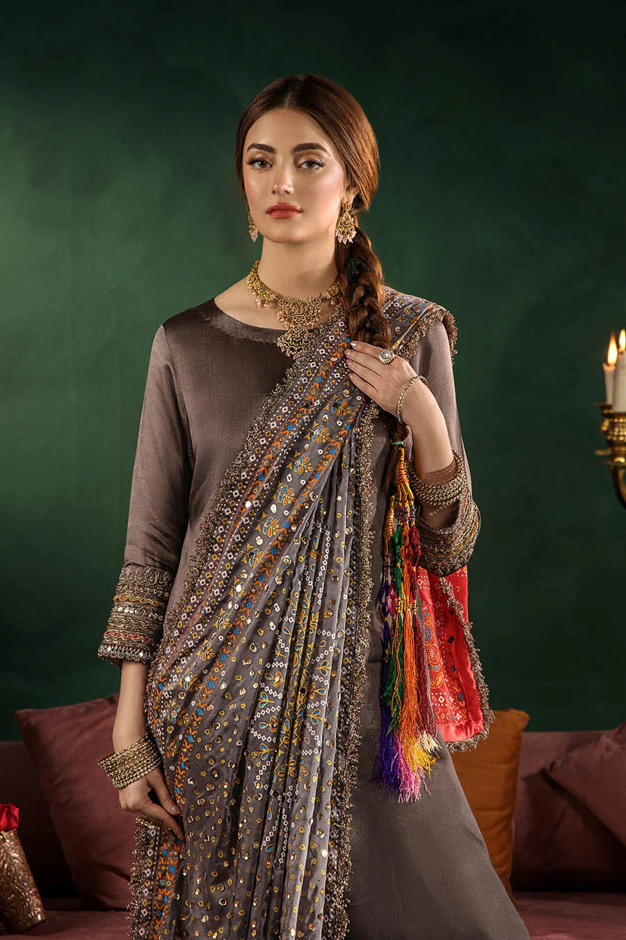 Hand Embroidered Elegant Brown Glass Silk Designer Farshi Shalwar Suit