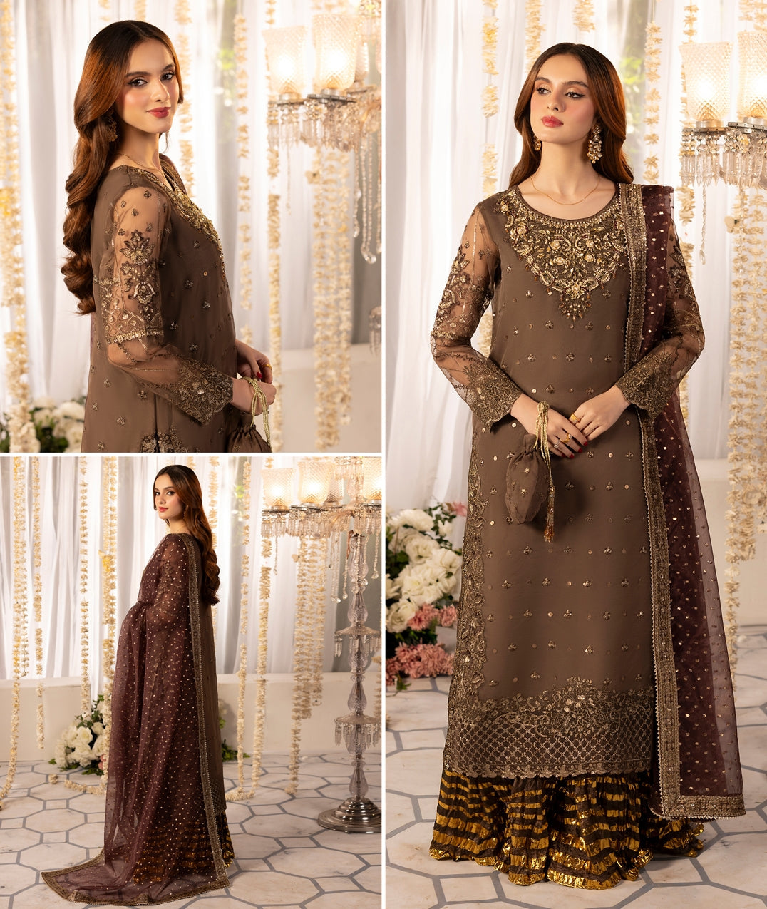 Fawn Hand Embroidered Organza Pakistani Bridal Sharara Online in Sri Lanka India Australia