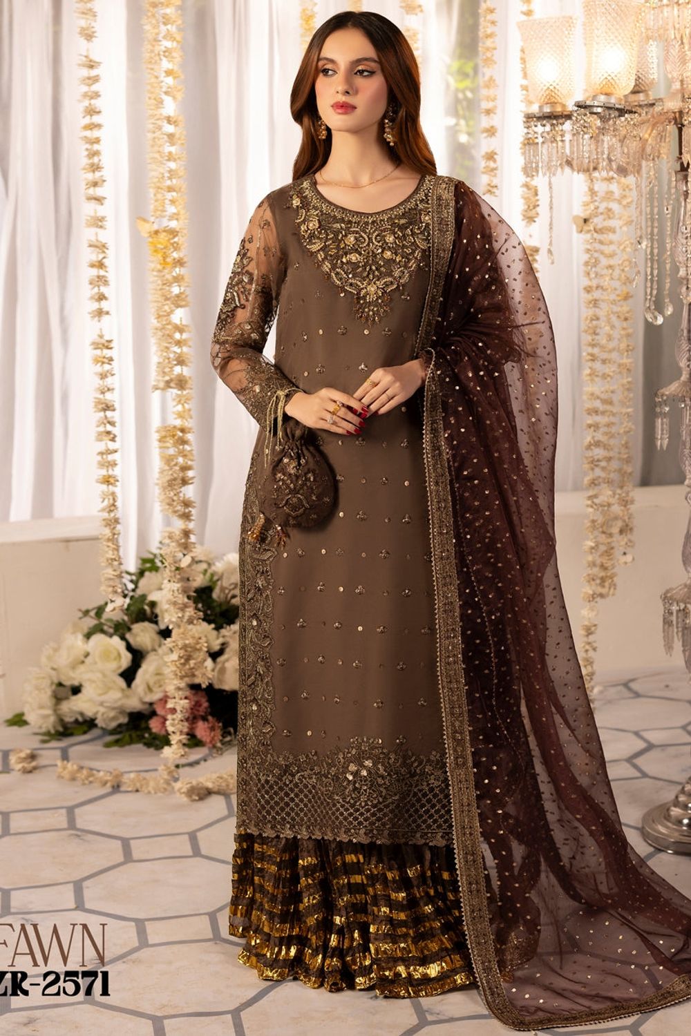 Fawn Zardozi Embroidered Organza Sharara Online in Dubai UAE Abudhabi Ajman Sharjah