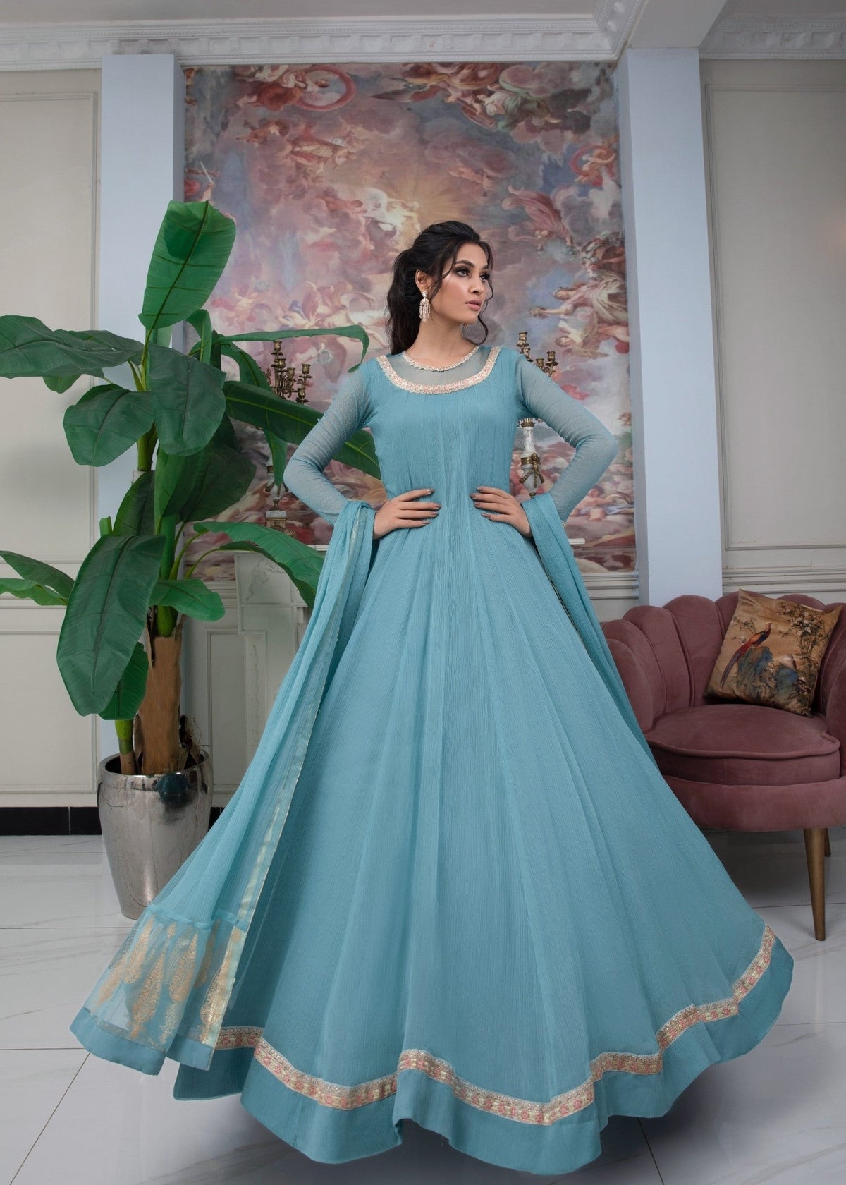 Ferozi Chiffon Embroidered Sharara Gharara Online in Dubai UAE Abudhabi Ajman Sharjah