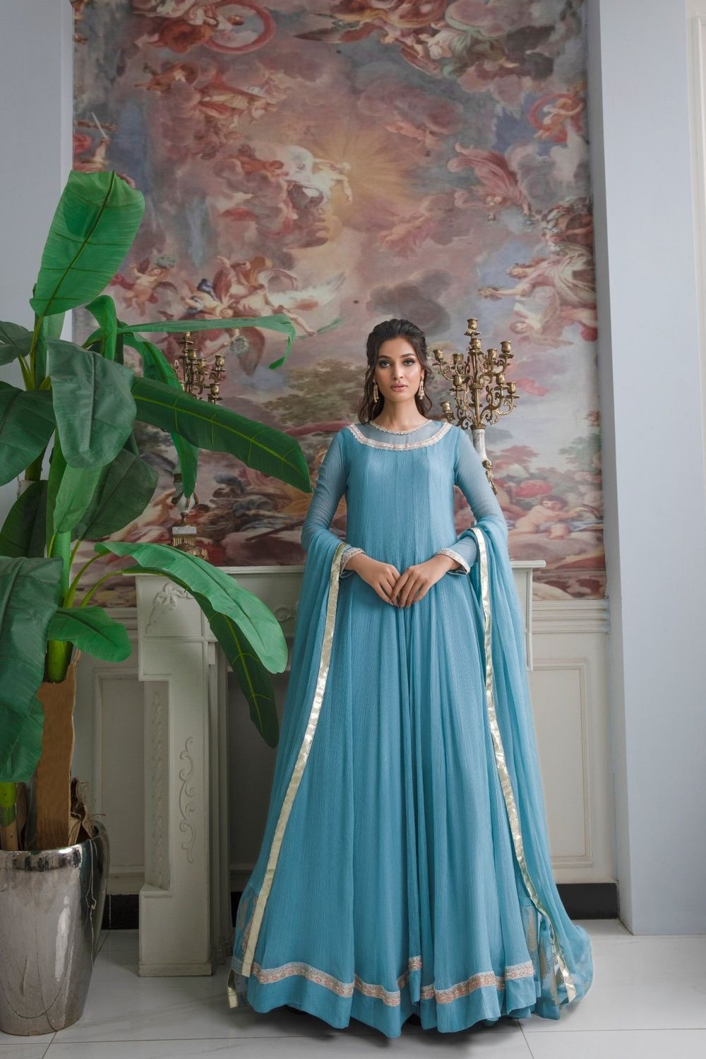 Ferozi Embroidered Chiffon Pishwas Sharara Suit Online in Dubai UAE Abudhabi Ajman Sharjah