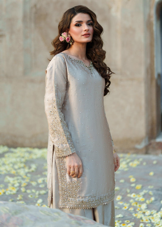 Festive Beige Embroidered Silk Charmeue Suit Online in Sri Lanka India Australia