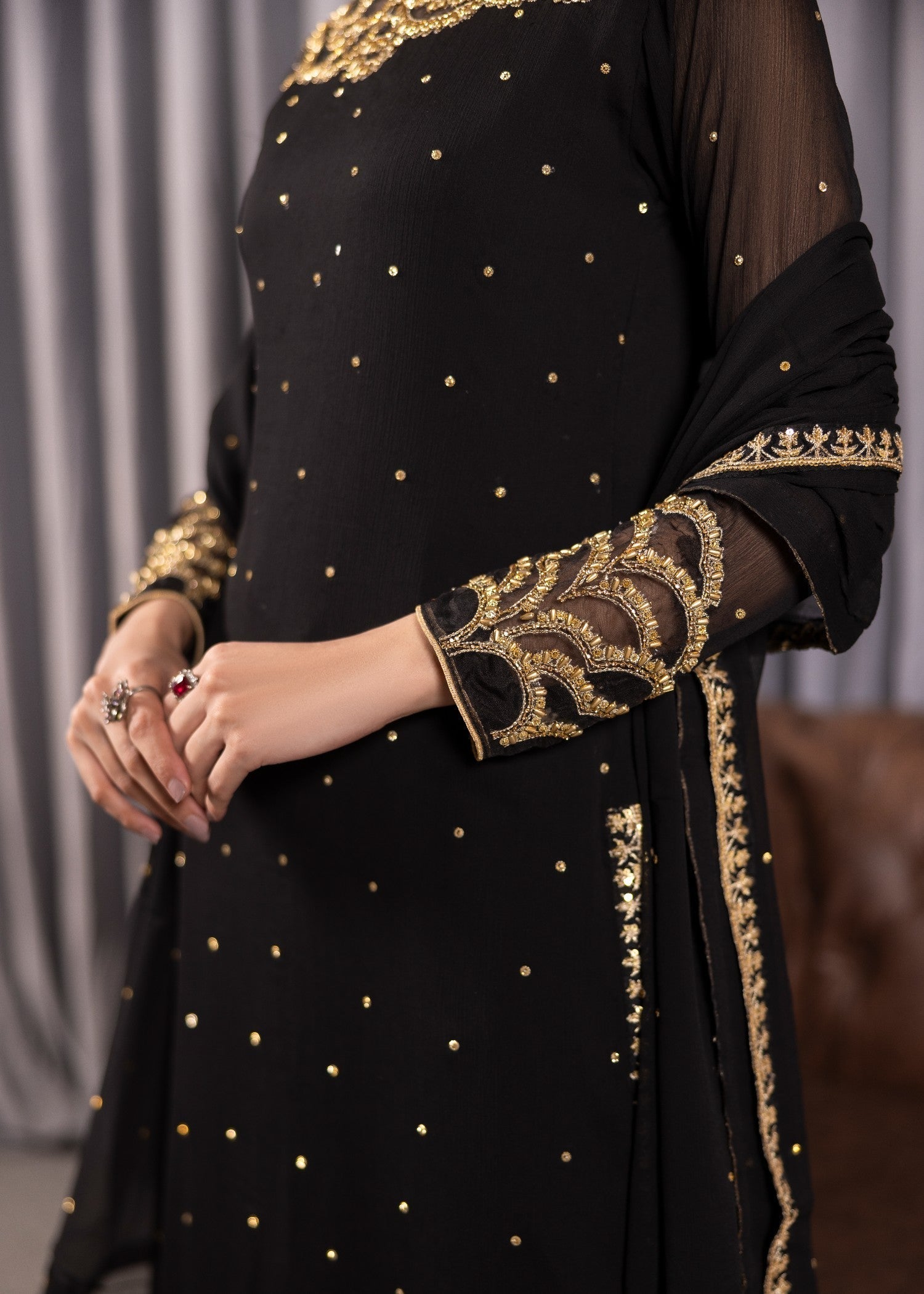 Festive Black Chiffon A-Line Kurta with Straight Trouser Online in Dubai UAE Abudhabi Ajman Sharjah
