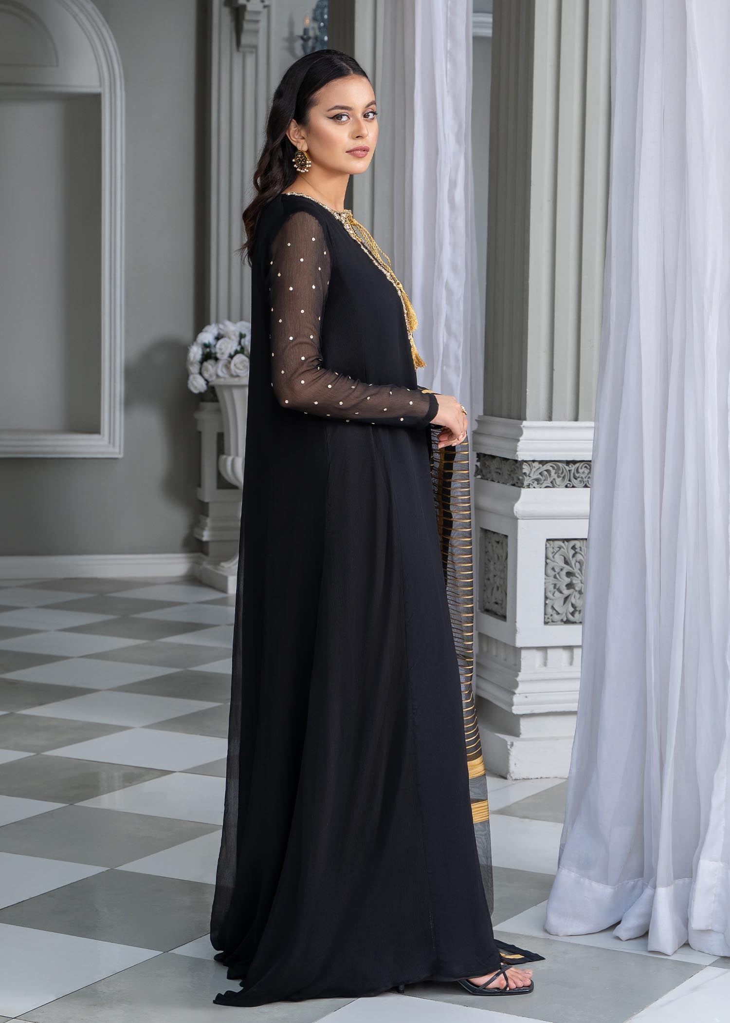 Festive Black Embellished Chiffon Pakistani Outfit Online in Dubai UAE Abudhabi Ajman Sharjah