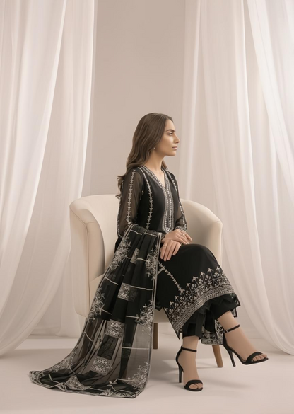 Festive Black Embroidered Chiffon Straight Trouser Suit Online in Sri Lanka India Australia