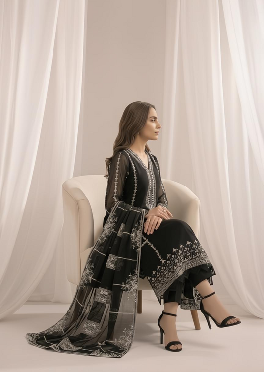 Festive Black Embroidered Chiffon Straight Trouser Suit Online in Sri Lanka India Australia