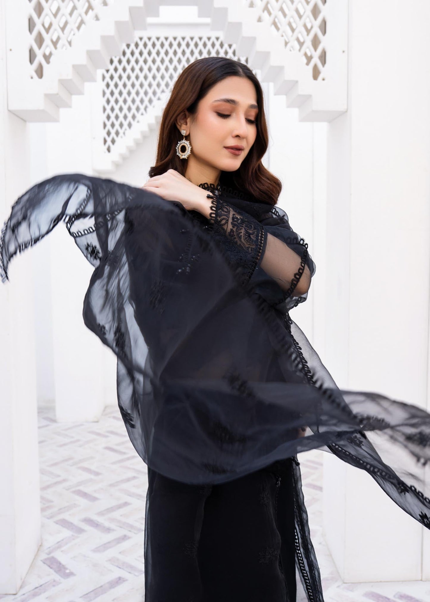 Festive Black Embroidered Organza Three Piece Suit Online in Dubai UAE Abudhabi Ajman Sharjah