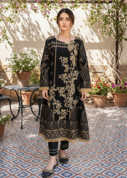 Festive Black Jacquard Pakistani Suit Online in KSA Riyadh Saudi Arabia Oman Bahrain Qatar