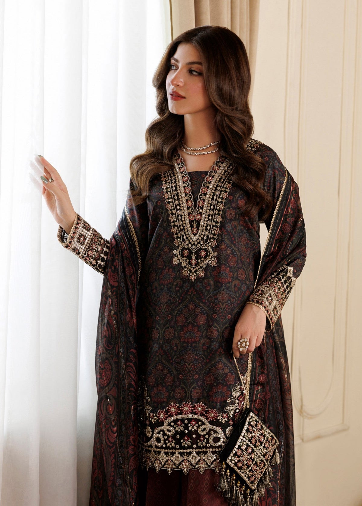 Festive Black Khaddar Pakistani Designer Suits Online in UK USA Canada