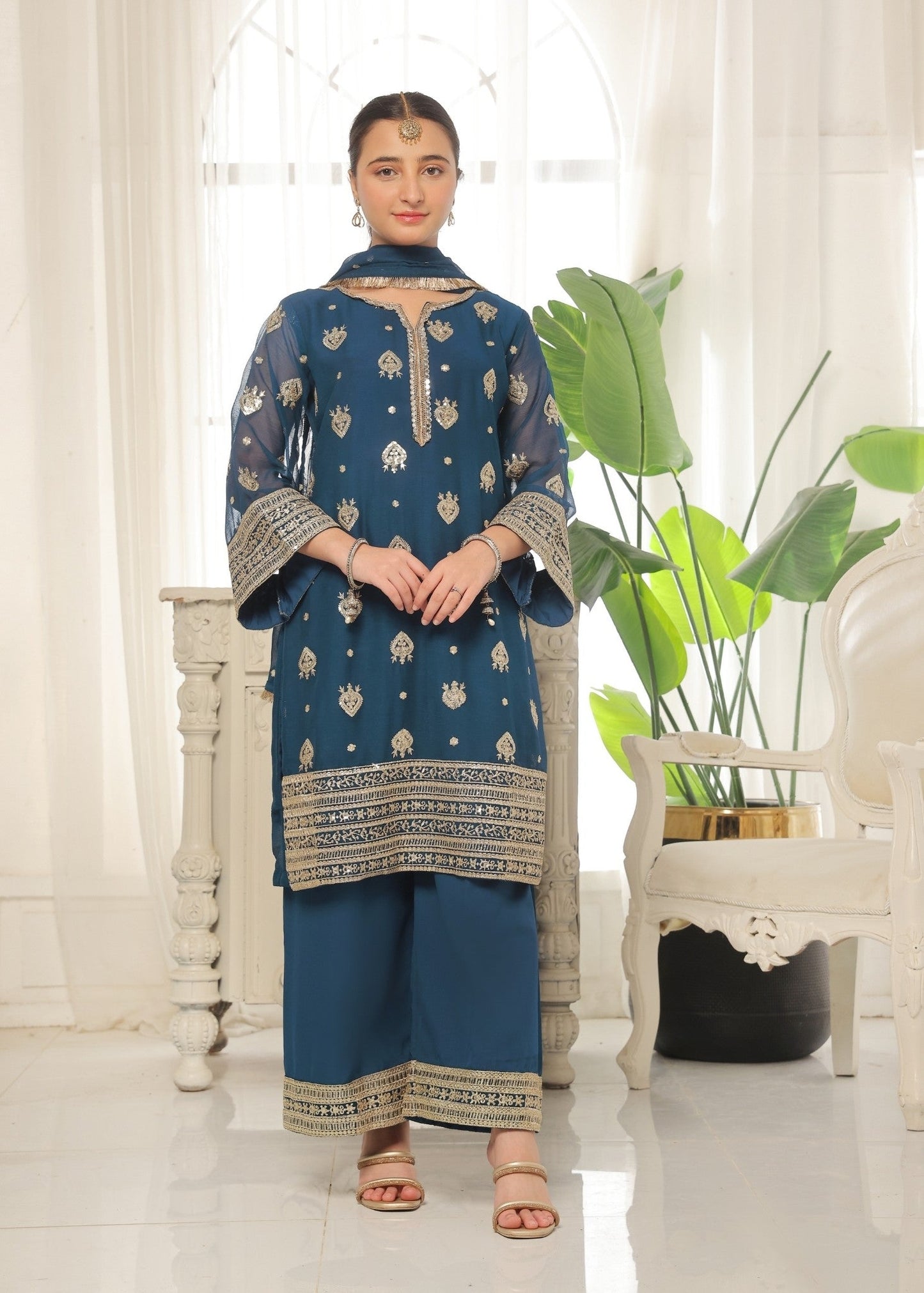 Festive Blue Chiffon Embroidered Suit Online in Sri Lanka India Australia