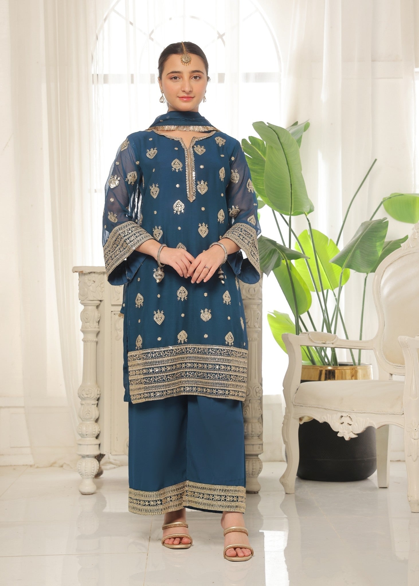 Festive Blue Chiffon Embroidered Suit Online in Sri Lanka India Australia