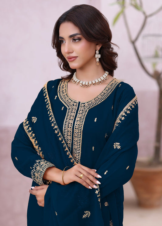 Festive Blue Chiffon Embroidered Suit Online in Sri Lanka India Australia