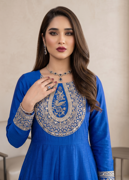 Festive Blue Silk Maxi Dress with Straight Trouser Online in Sri Lanka India Australia