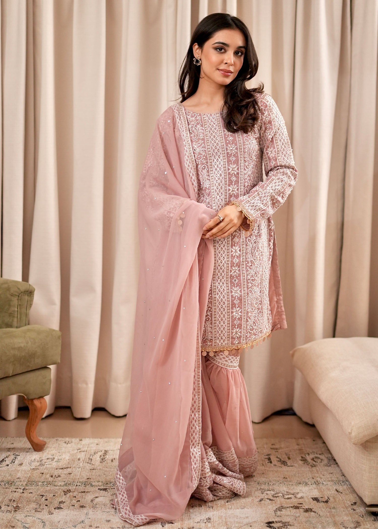 Festive Blush Pink Chiffon Gharara Salwar Suit Online in UK USA Canada