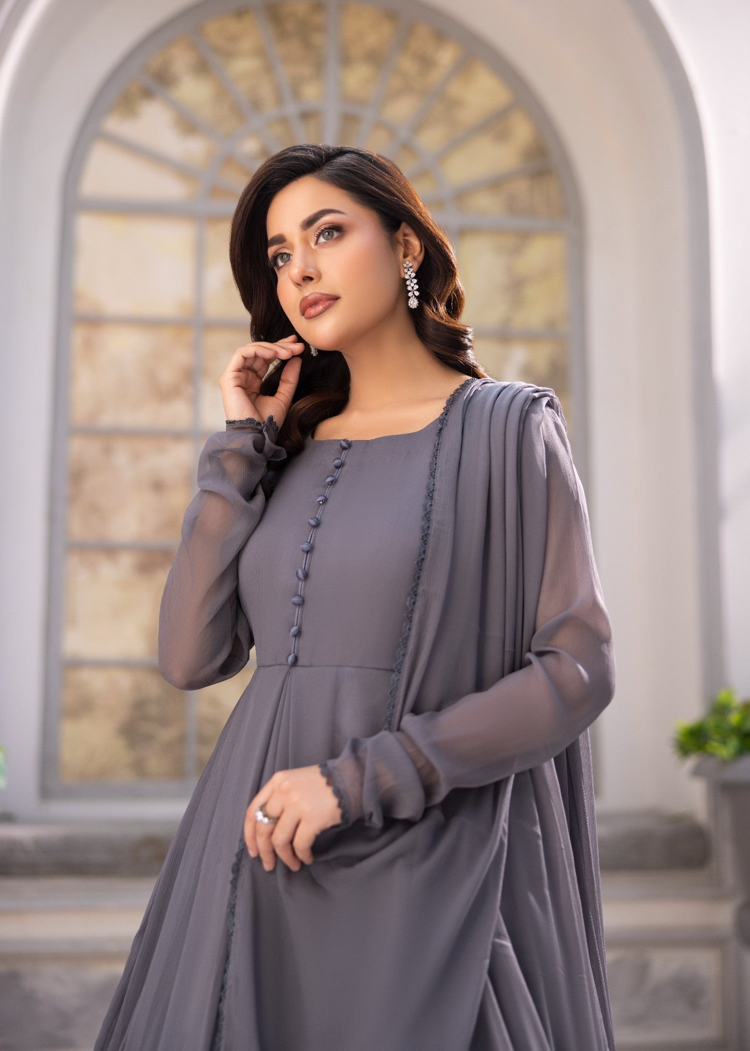 Festive Dark Grey Chiffon Maxi with Trouser Online in Sri Lanka India Australia