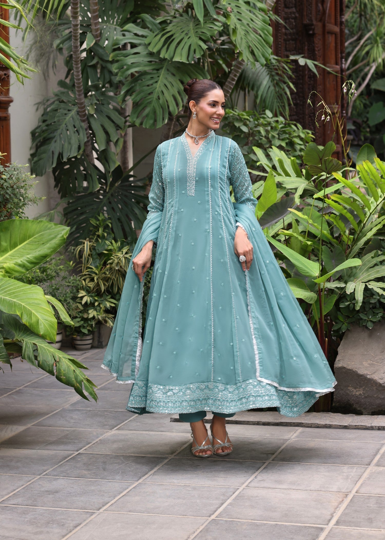 Festive Embroidered Chiffon Flared Suit Online in Sri Lanka India Australia