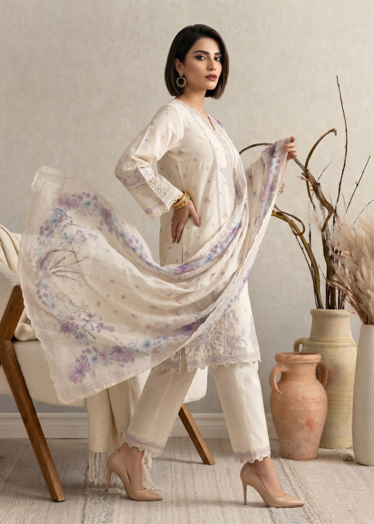 Festive Embroidered Cotton Suit with Silk Dupatta Online in Sri Lanka India Australia