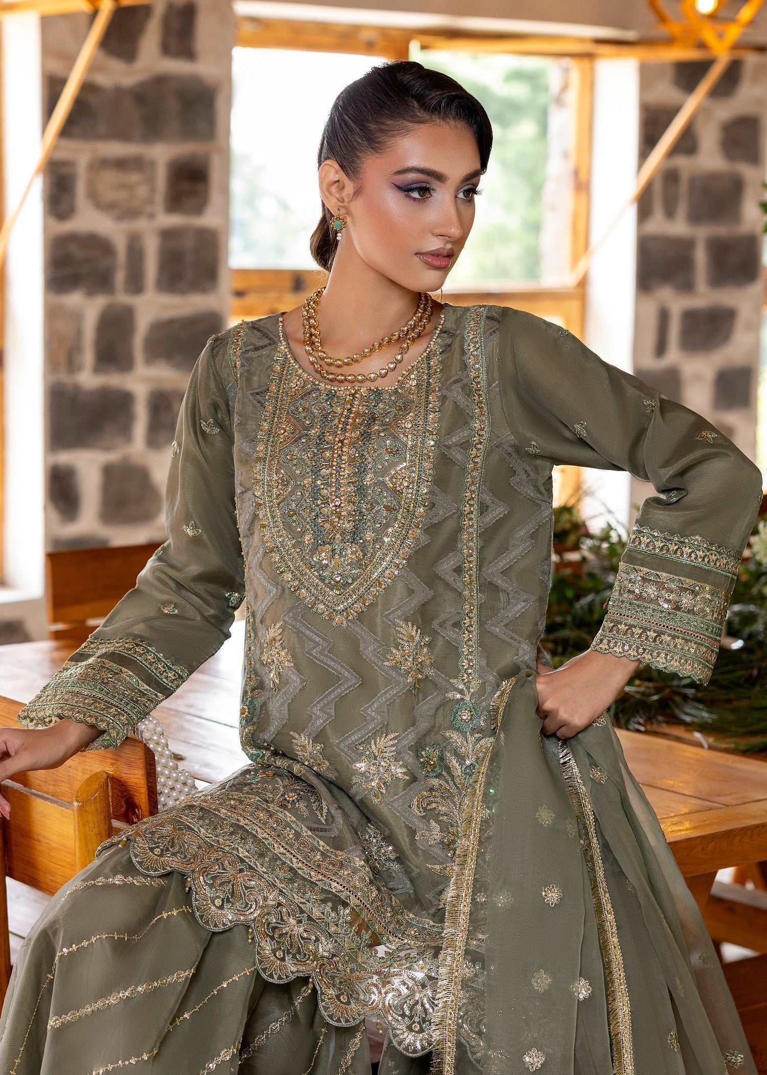 Festive Embroidered Mint Organza Gharara Online in Dubai UAE Abudhabi Ajman Sharjah