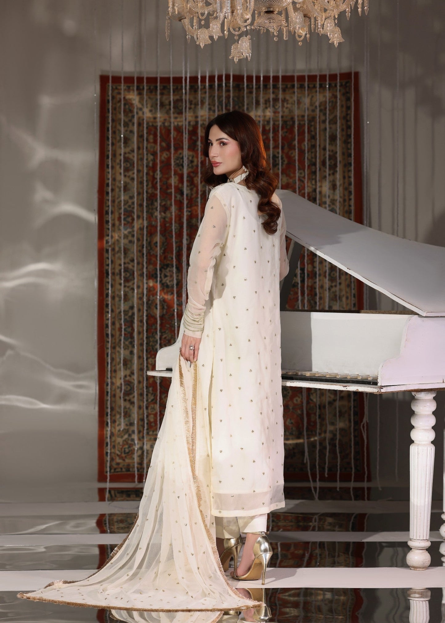 Festive Embroidered Off-White Chiffon 3 Piece Suit Online in Sri Lanka India Australia