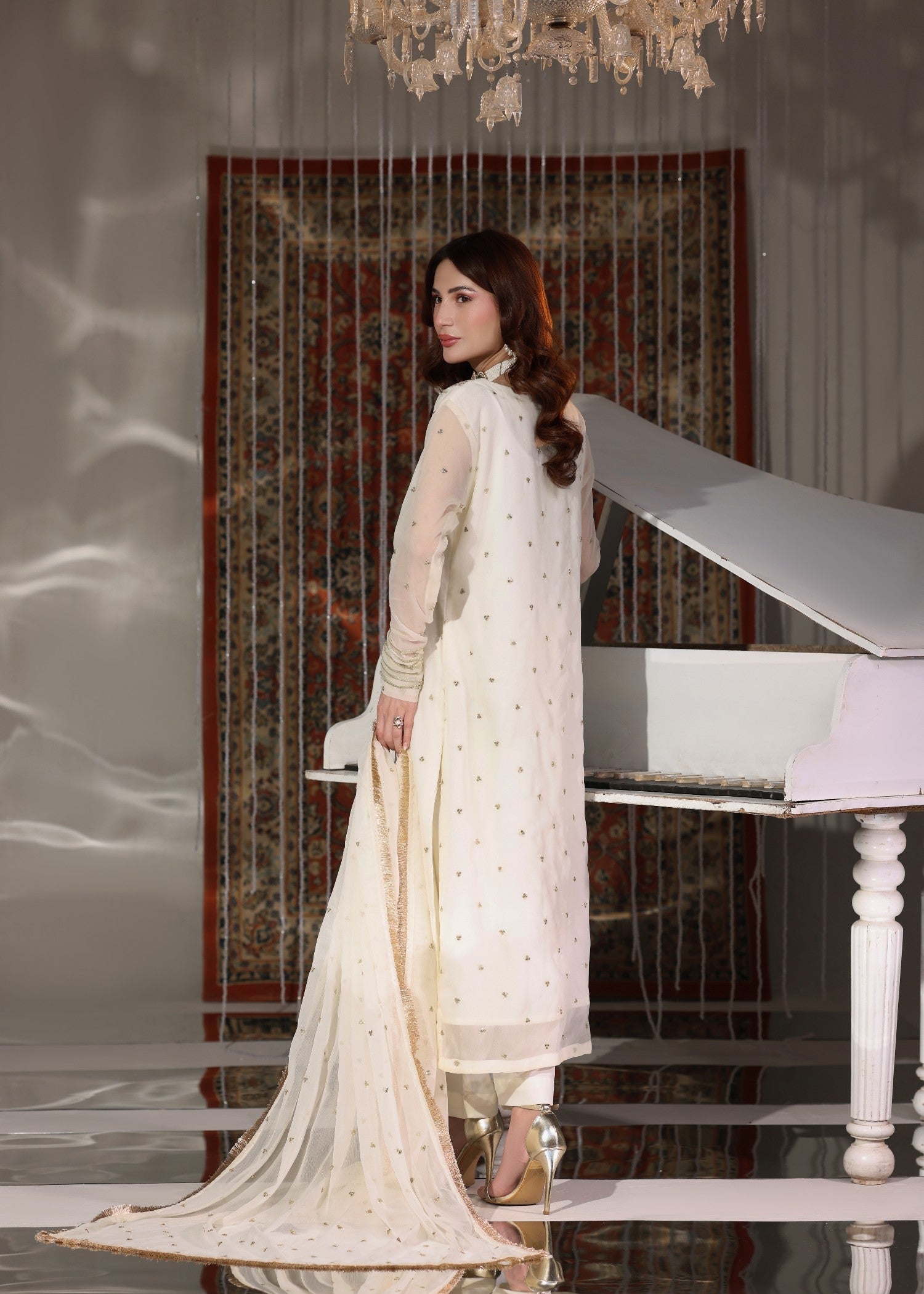 Festive Embroidered Off-White Chiffon 3 Piece Suit Online in Sri Lanka India Australia