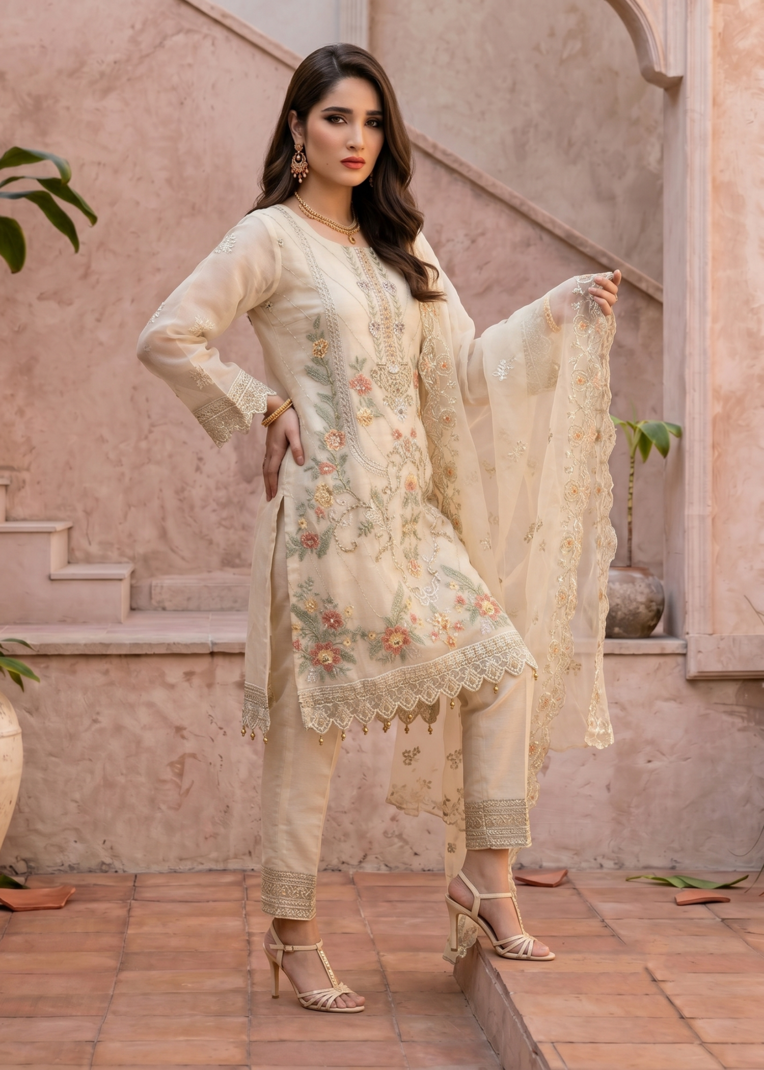 Festive Embroidered Organza Off-White Dress Material Online in Sri Lanka India Australia