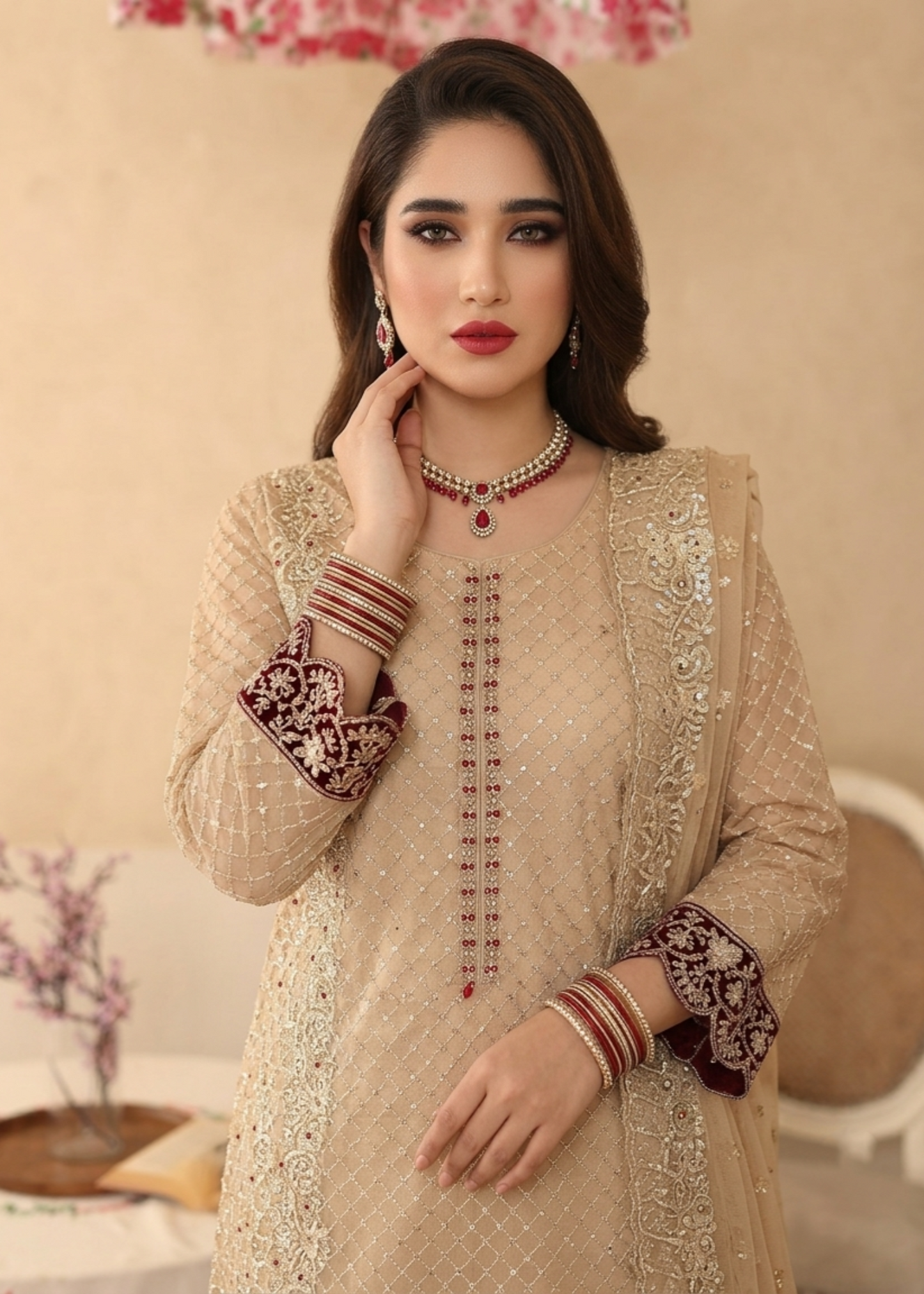 Festive Embroidered Organza Suit Peach Orange Online in Sri Lanka India Australia