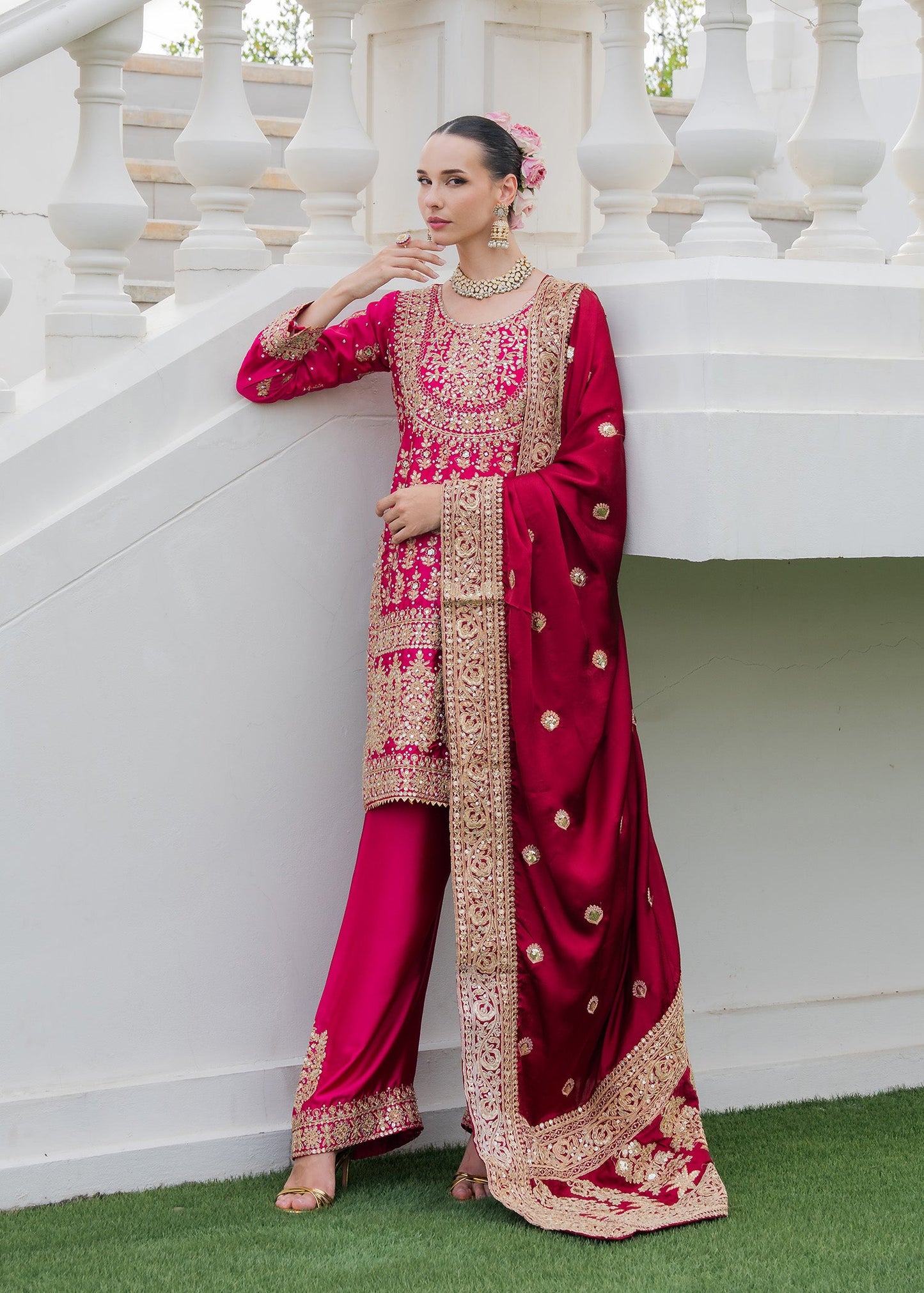 Festive Fuchsia Charmuse Suit with Dupatta Online in Dubai UAE Abudhabi Ajman Sharjah