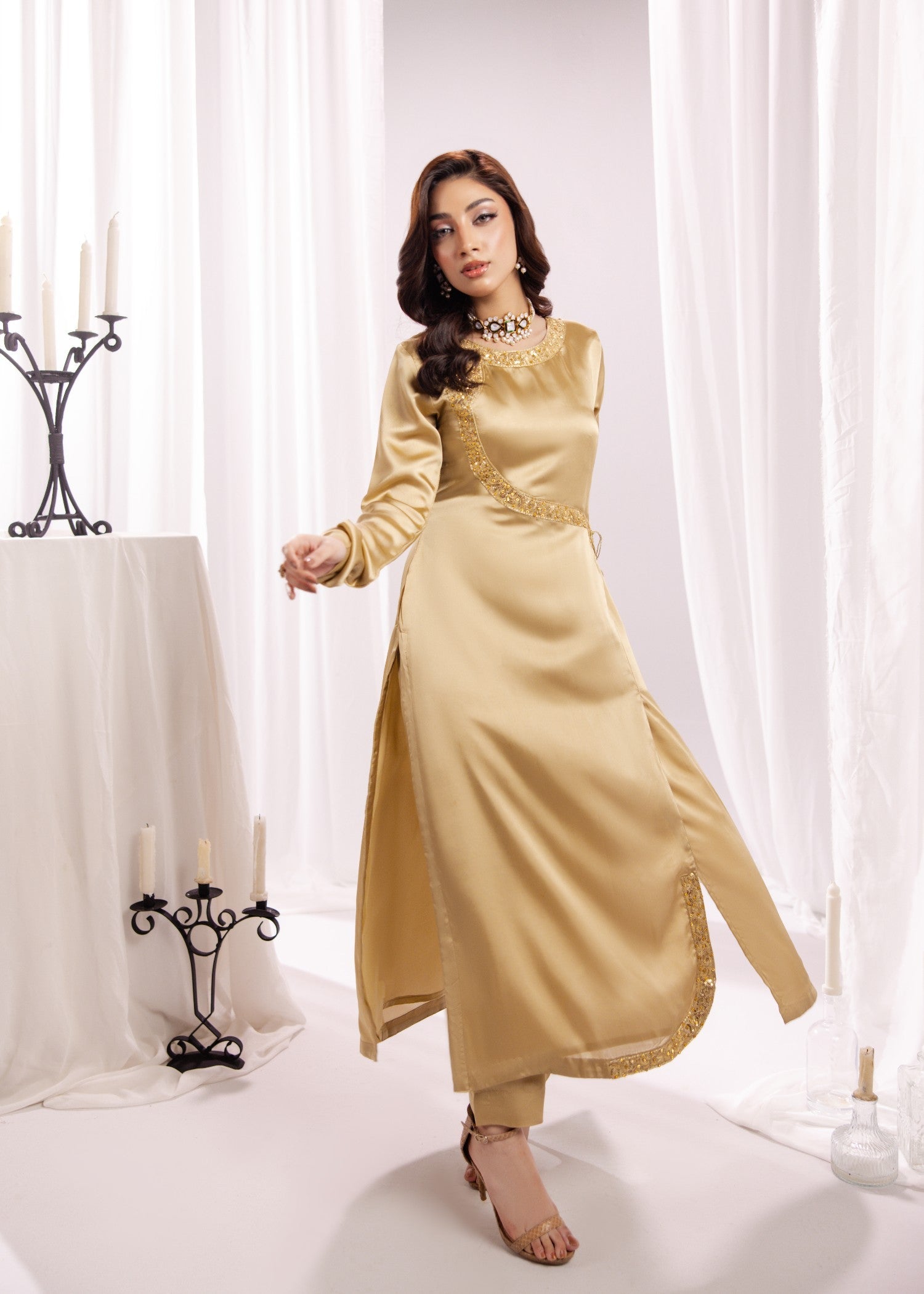 Festive Gold Silk Embroidered Suit Online in Dubai UAE Abudhabi Ajman Sharjah