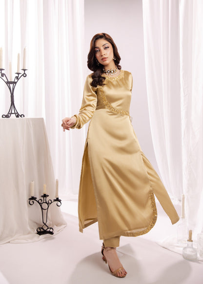 Festive Gold Silk Embroidered Suit Online in Dubai UAE Abudhabi Ajman Sharjah