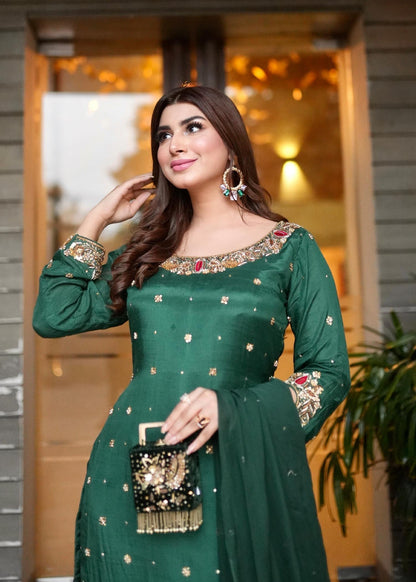 Festive Green Raw Silk Suit Online in Dubai UAE Abudhabi Ajman Sharjah