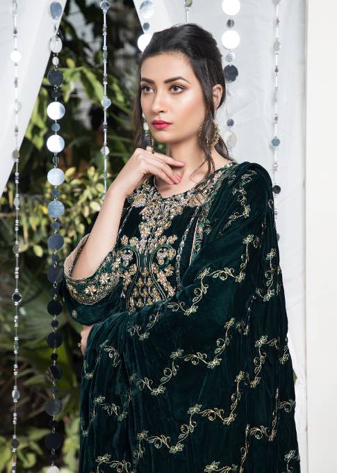 Festive Green Velvet Adda Work Suit Online in Sri Lanka India Australia