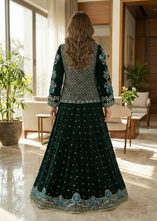 Festive Green Velvet Lehenga Set Online in Sri Lanka India Australia
