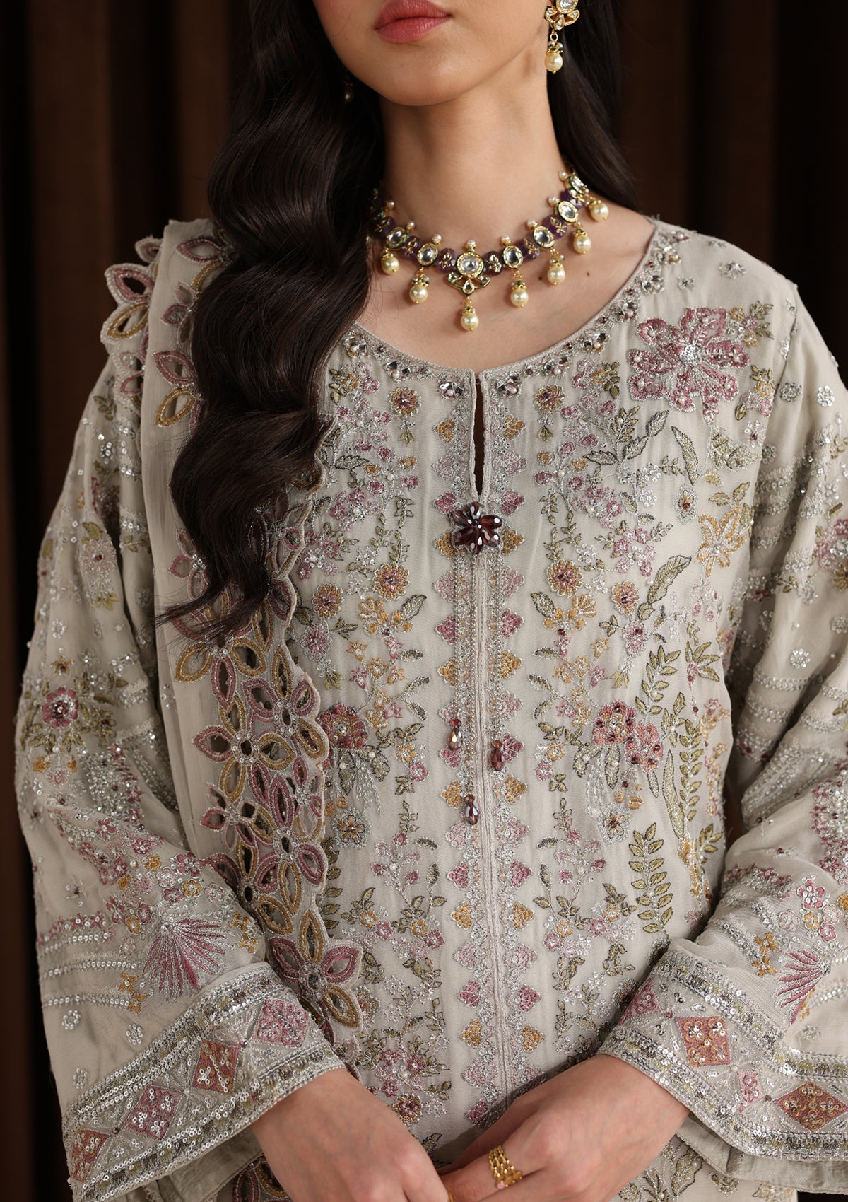 Festive Grey Chiffon Embroidered Suit Online in Sri Lanka India Australia