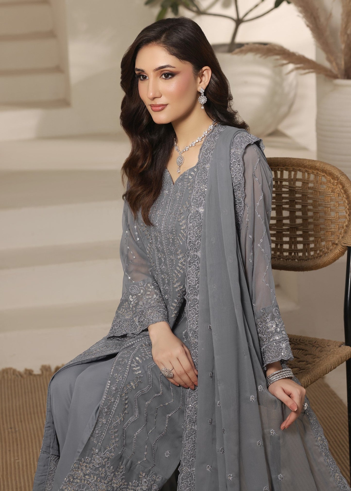 Festive Grey Chiffon Straight Kurta Suit Online in Sri Lanka India Australia
