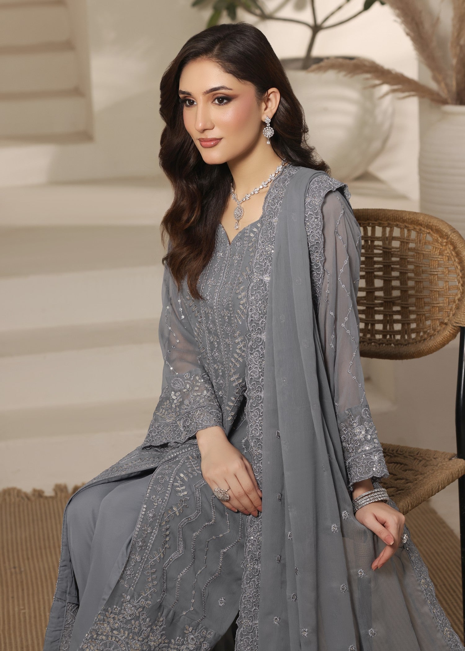 Festive Grey Chiffon Straight Kurta Suit Online in Sri Lanka India Australia