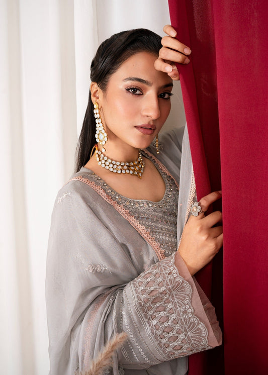 Festive Grey Georgette Chiffon Embroidered Dress Material Online in Sri Lanka India Australia