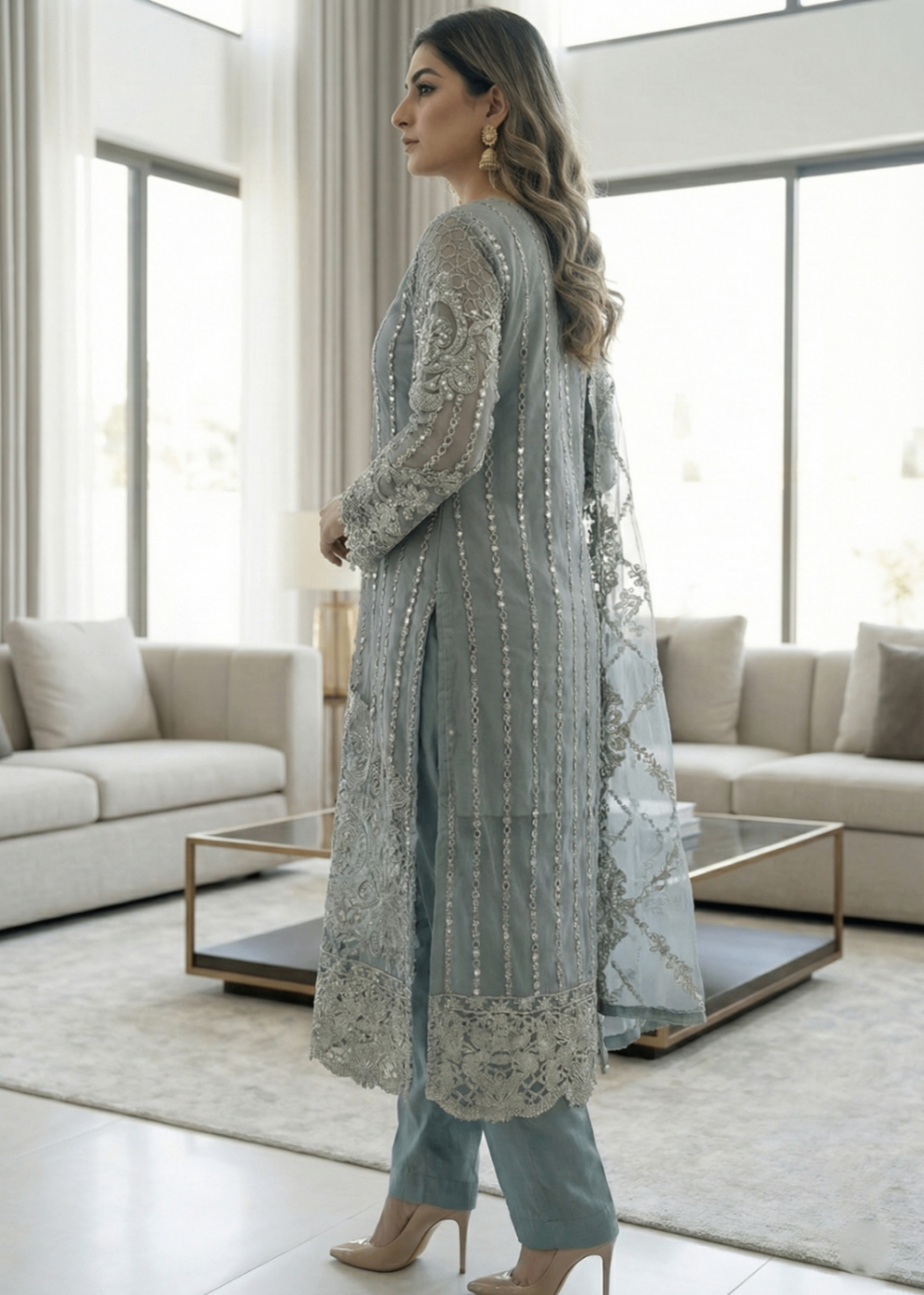 Festive Grey Organza Embroidered Suit Online in UK USA Canada