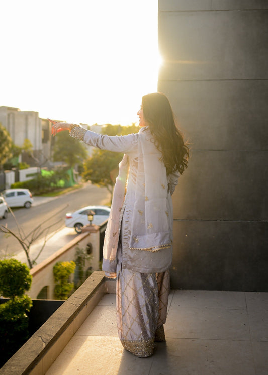 Festive Grey PK Charmuse Silk 3 Piece Suit Online in Dubai DXB UAE Abudhabi Meena Bazaar